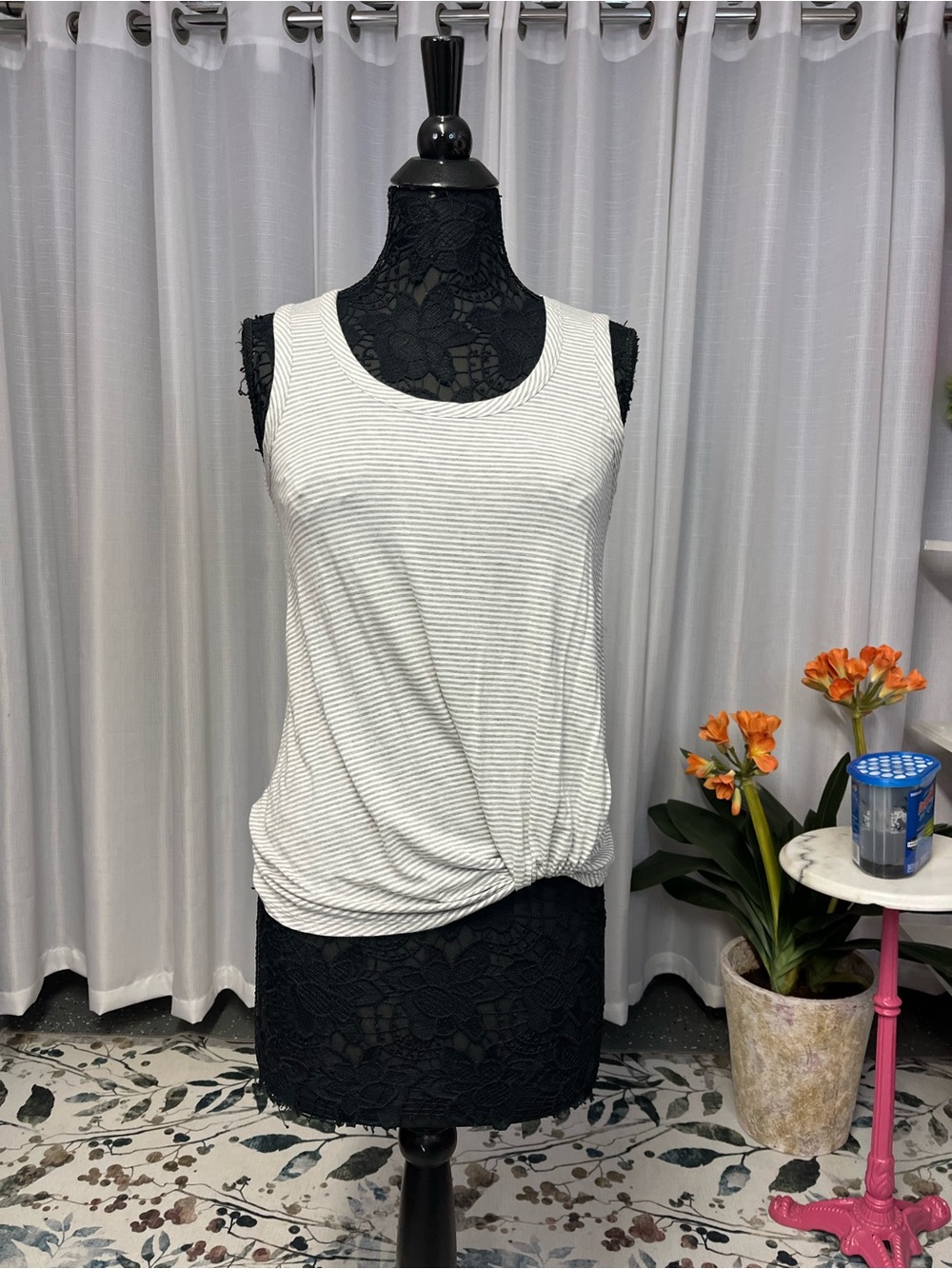 nine britton Cream and Light Gray Striped Knot-Front Tank